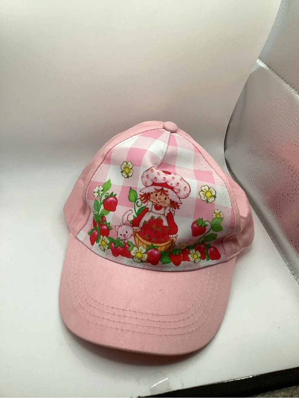 Kids Pink Gingham Strawberry Shortcake Print Baseball Cap